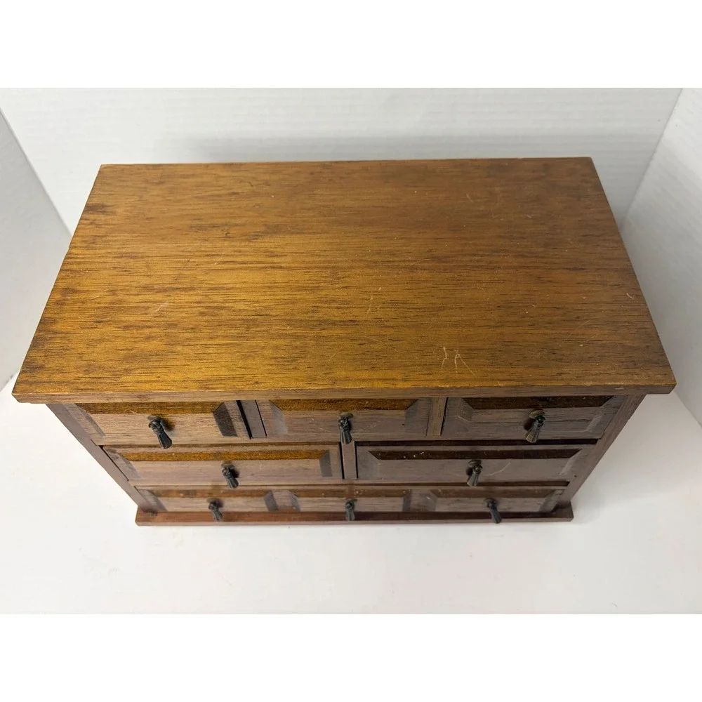 Vtg Wood Jewelry Project Box Miniature Dresser Chest 6 Drawer Red Velvet Lined